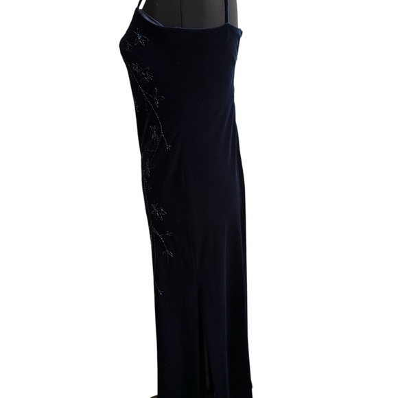 Y2K Velvet Maxi Slip Dress Spaghetti Strap  Beaded Floral Formal Navy Blue 7/8 - Picture 8 of 11